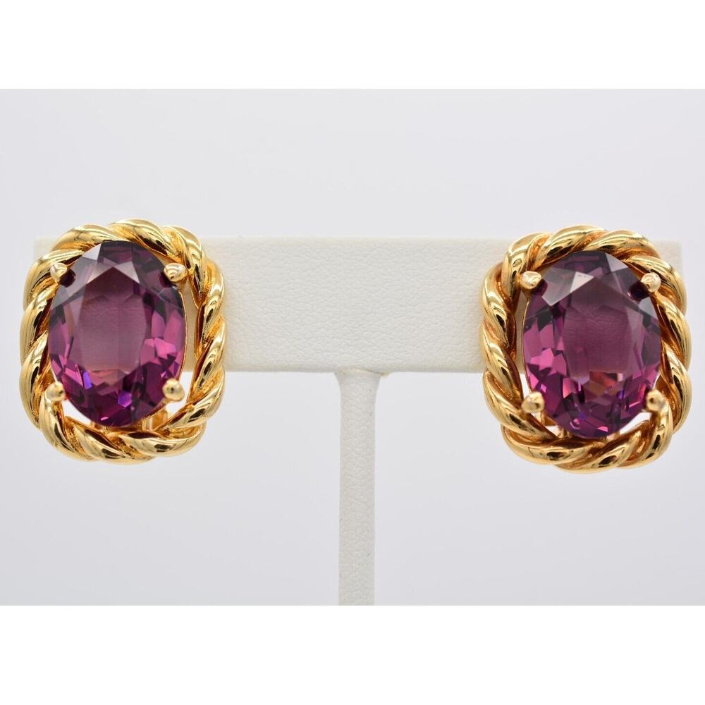 Christian Dior Vintage Crystal Clip On Earrings Purple Chunky Gold Signed BinAO
